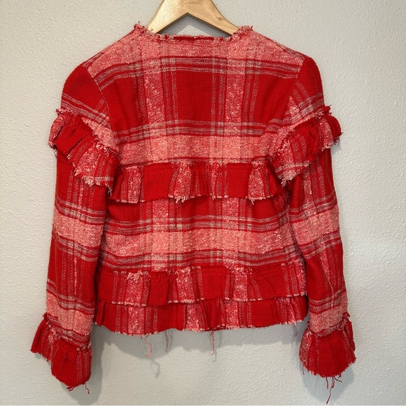Zara Red Plaid Distressed Hem Women's Jacket - Picture 9 of 11
